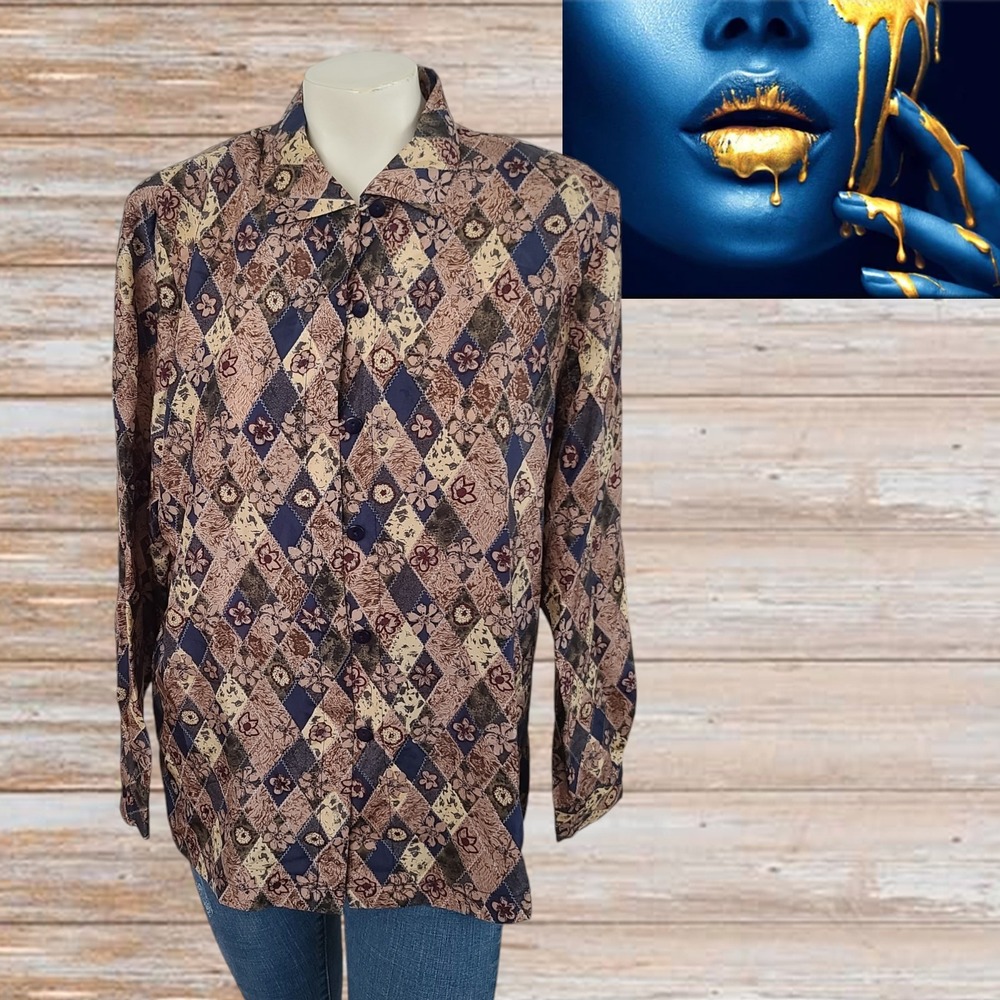 Vintage‎ Stunt Women 100% Silk Button Shirt Top Blouse Sz M